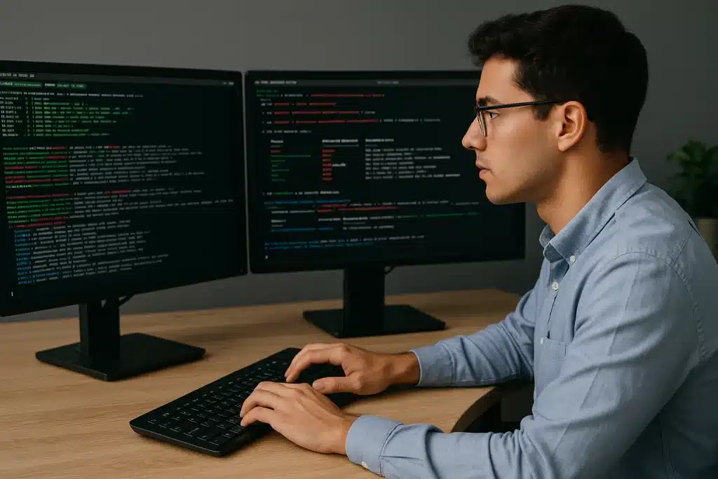Penetration Tester at the computer with two monitors.