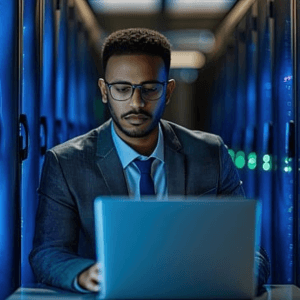 Man with a computer in a data center