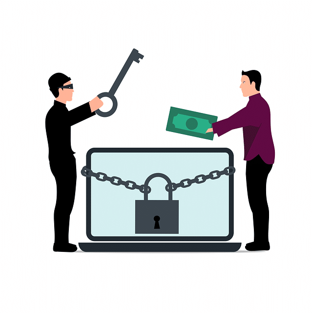 Computer with padlock and chain. One man holding money and another man holding the key.