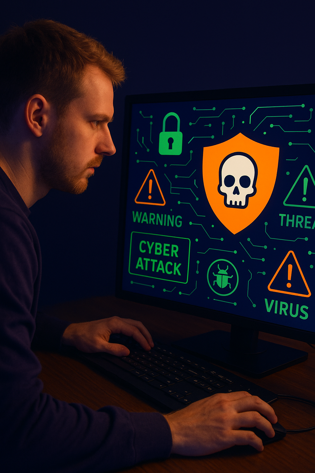 Man sitting at computer with images representing cyber threats on the screen.