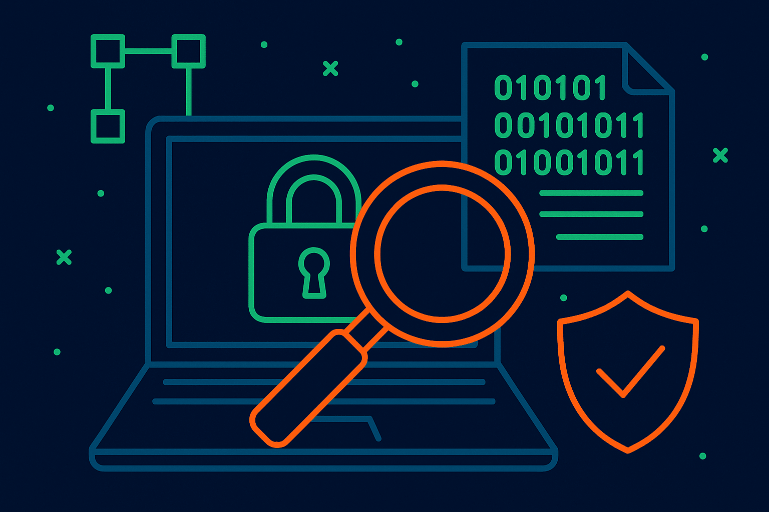 Computer with magnifying glass in front of it.