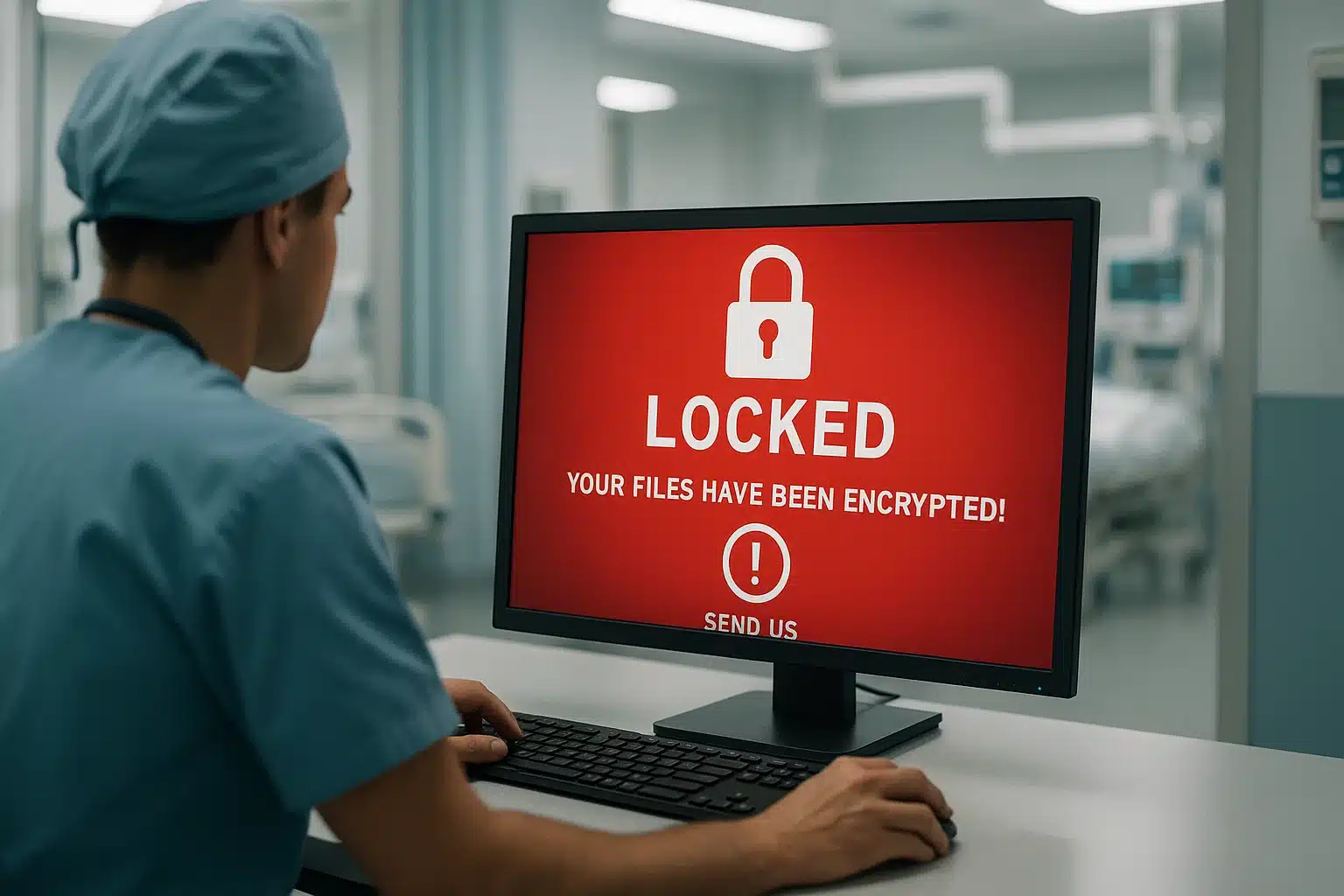 Healthcare worker sitting in front of a computer with a red ransomware screen.
