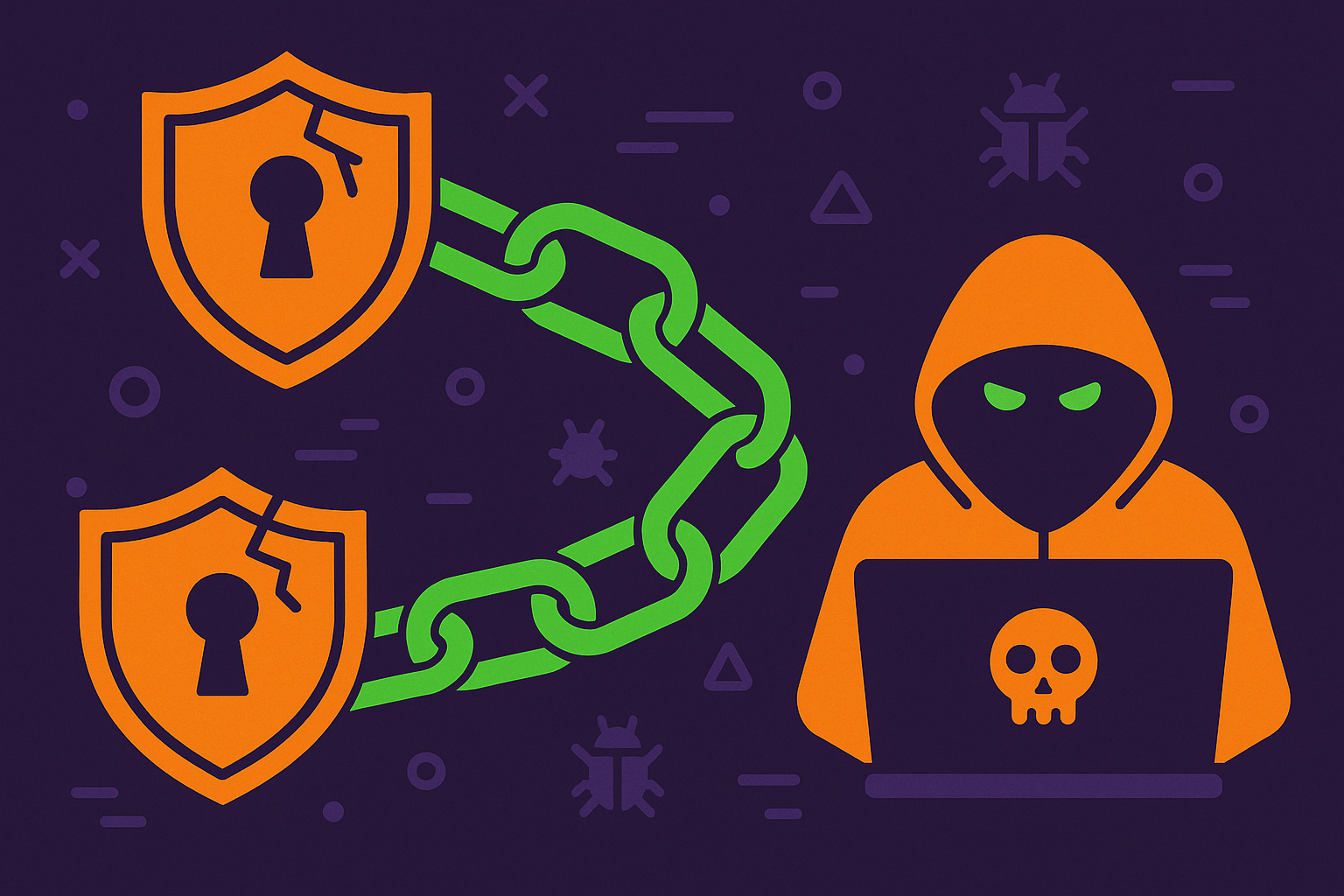 Person in hoodie sitting in front of a computer. Two broken shields with a chain connecting them.