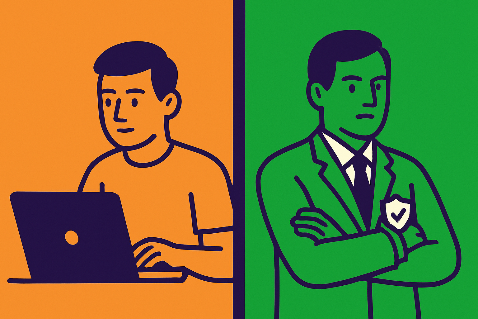 A man in front of a computer on the left and a man in a suit with a security badge on it on the right. Representing IT and Security being separate.